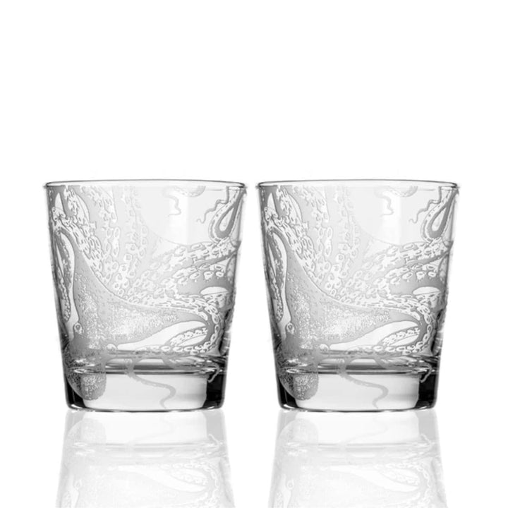 Coastal bar whiskey glasses. Sand engraved octopus. Made in the USA. Coastal Compass Home Decor