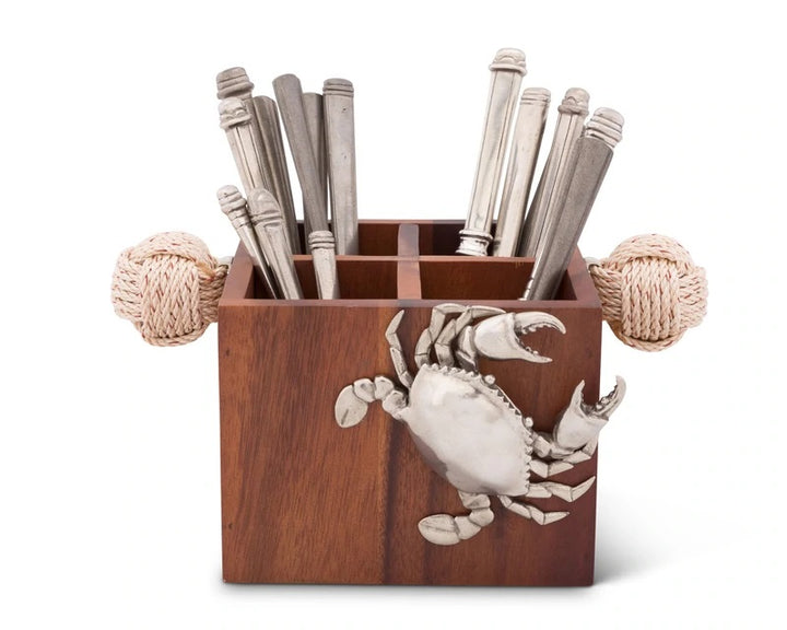 Crab & Acacia Wood Flatware Caddy - The Coastal Compass Home Decor