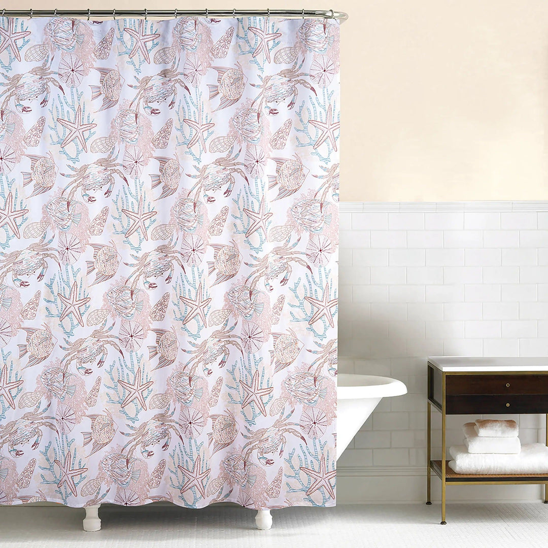 printed sea creatures coastal beach shower curtain. Coastal bath decor - Coastal Compass Home Decor