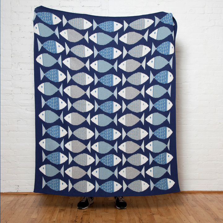 Eco Lucky Fins Coastal Throw Blanket blue  made in the USA - Coastal Compass Home Decor