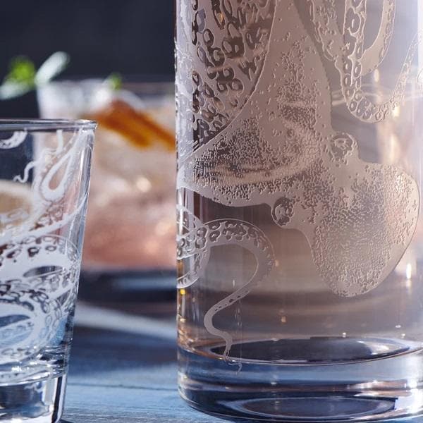 Sand engraved, high clarity glass pitcher with octopus. Coastal Compass Home Decor
