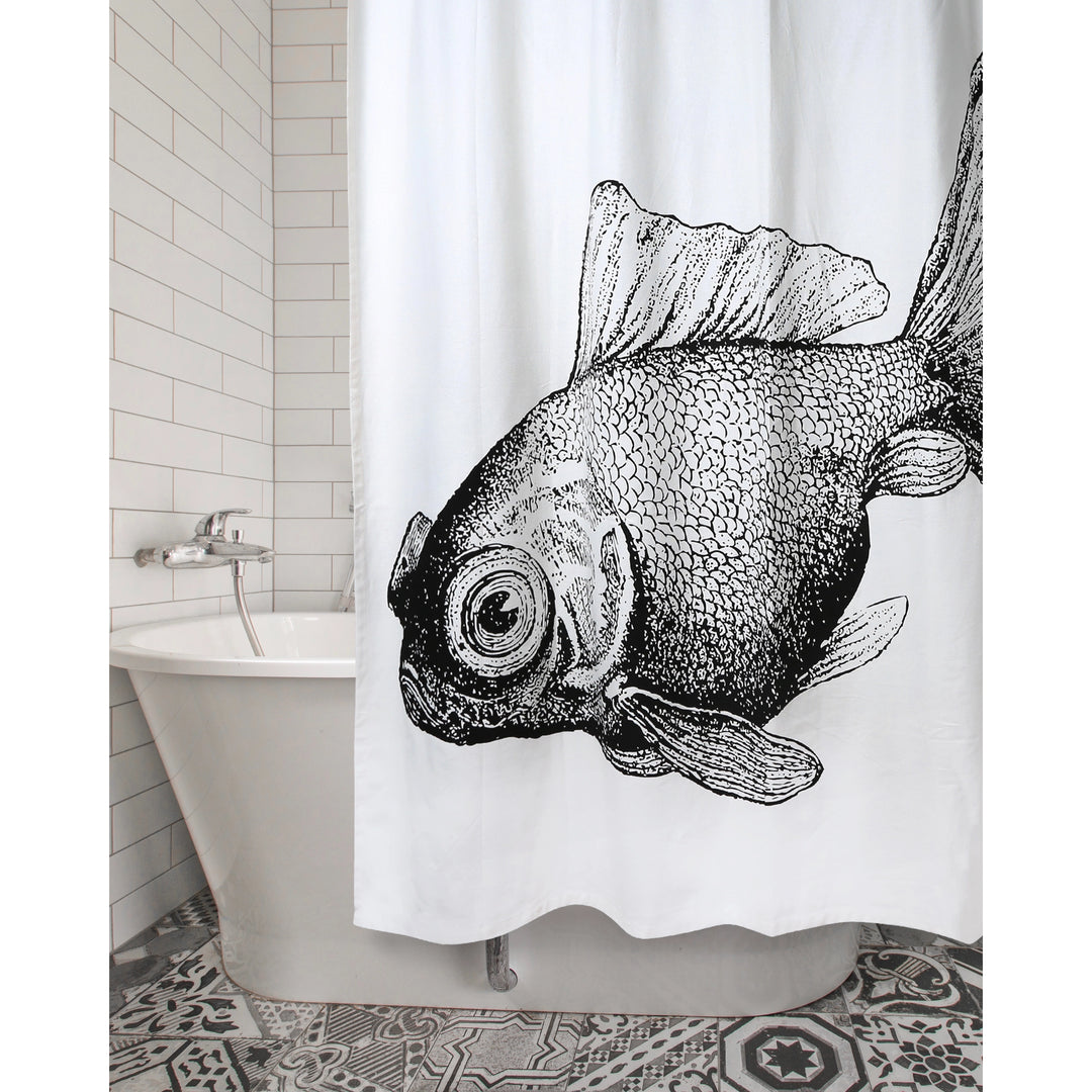 Grey & White Goldfish Shower Curtain - Coastal bath decor - Coastal Compass Home Decor