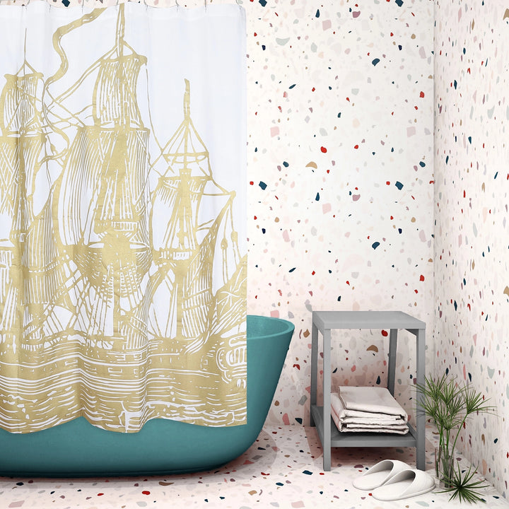 Gold Nautical Ship Shower Curtain - Nautical Home Decor - Coastal Compass Home Decor