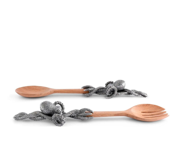 Pewter octopus handle acaia wood utensil salad serving set. Coastal Compass Home Decor. Octopus kitchen decor.