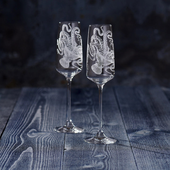 Octopus engraved, lead free crystal champagne flutes - Coastal Compass Home Decor