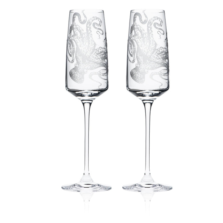 Coastal Sand Engraved Champagne Glasses - Octopus - Coastal Compass Home Decor
