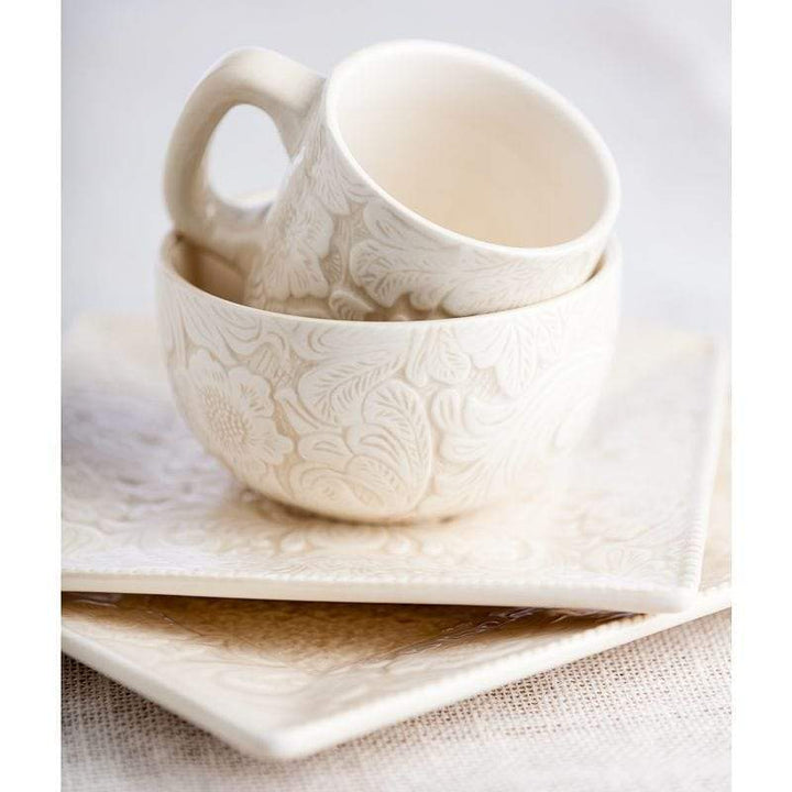 Cream Floral Embossed Dinnerware - The Coastal Compass Home Decor