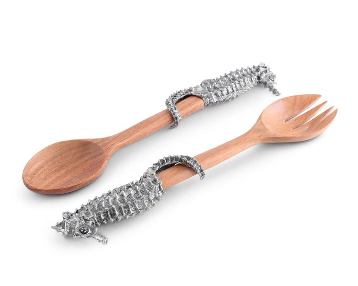 2 piece salad serving set. Acacia wood with pewter seahorse handles - Coastal kitchen decor - Coastal Compass Home Decor