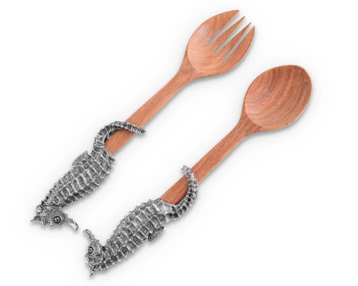 Pewter seahorse and acacia wood salad utensil serving set - Coastal kitchen decor - Coastal Compass Home Decor