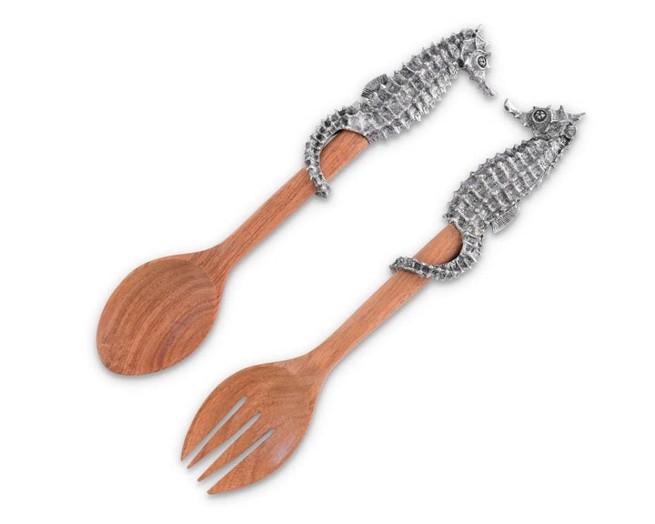 Pewter seahorse and acacia wood salad utensil serving set - Coastal kitchen decor - Coastal Compass Home Decor