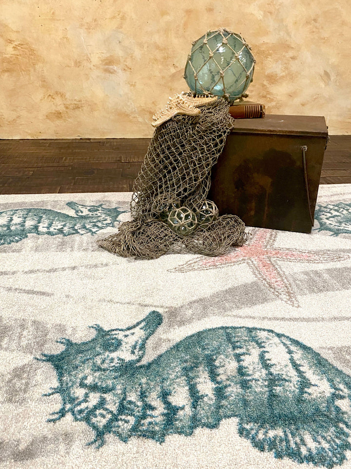 Seahorse & Starfish Beach Rug Detail - Made in the USA - Coastal Compass Home Decor