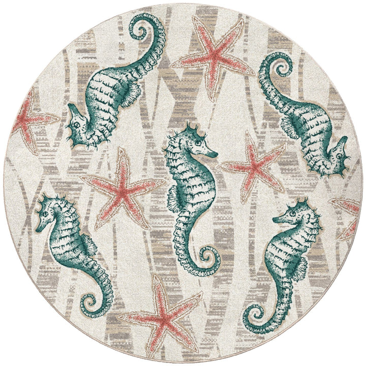 Seahorse & Starfish Beach Round Area Rug - Made in the USA - Coastal Compass Home Decor