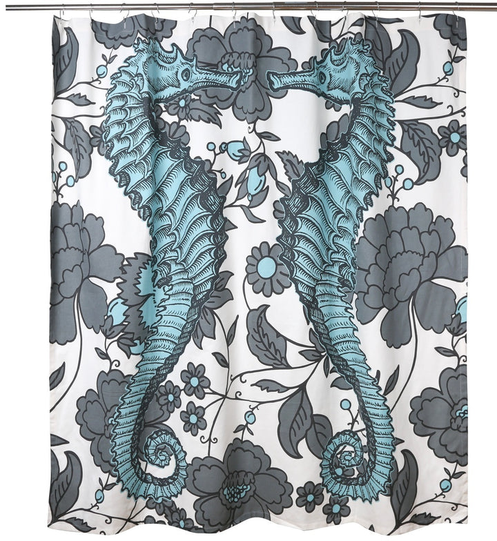 Seahorse Vineyard Cotton Shower Curtain - Coastal Bathroom Decor - Coastal Compass Home Decor