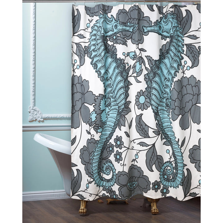 Seahorse Vineyard Cotton Shower Curtain - Beach Bath Decor - Coastal Compass Home Decor