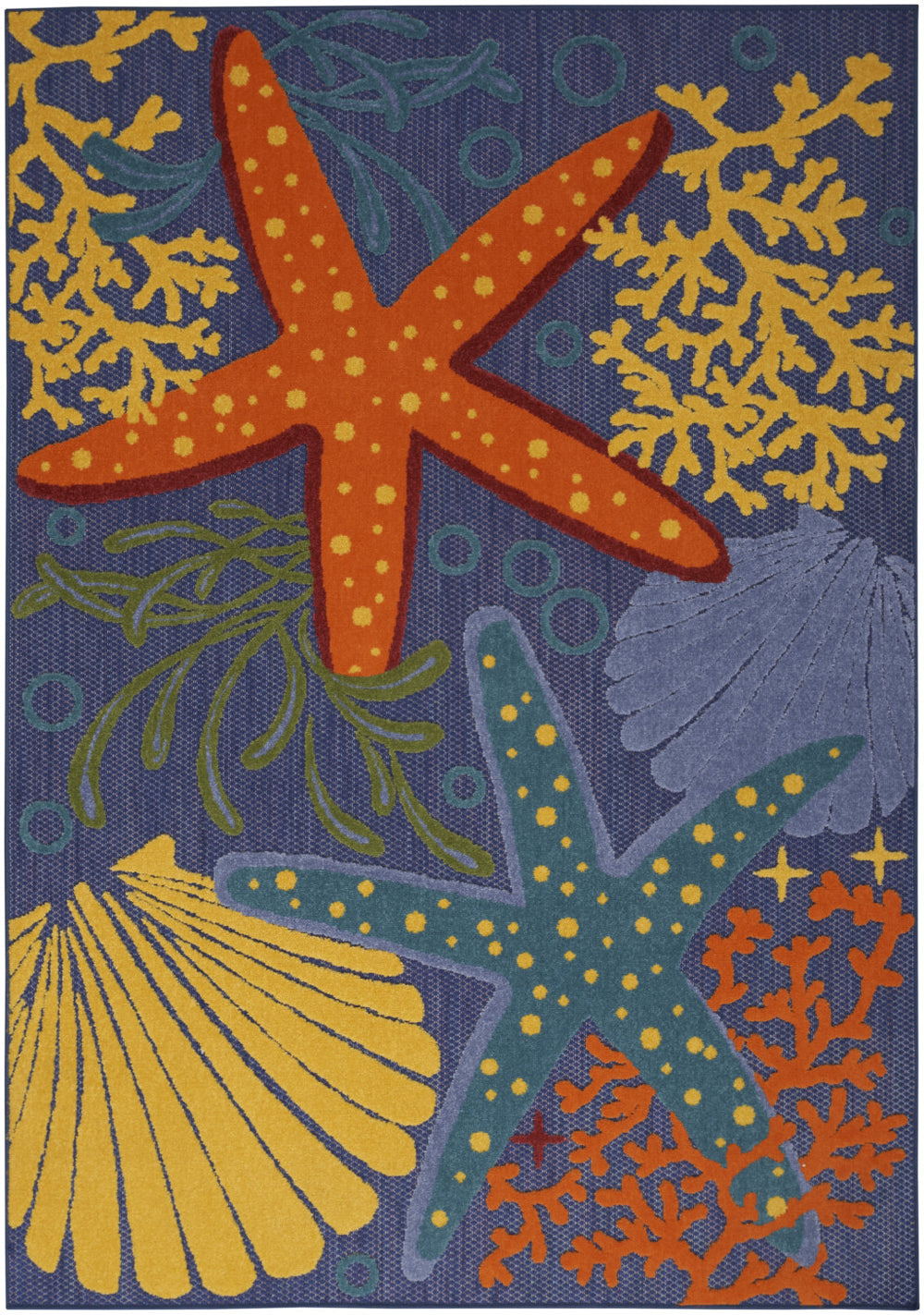 A decorative area rug featuring a vibrant blue background with orange and yellow starfish, coral, and seashells design for coastal patio decor