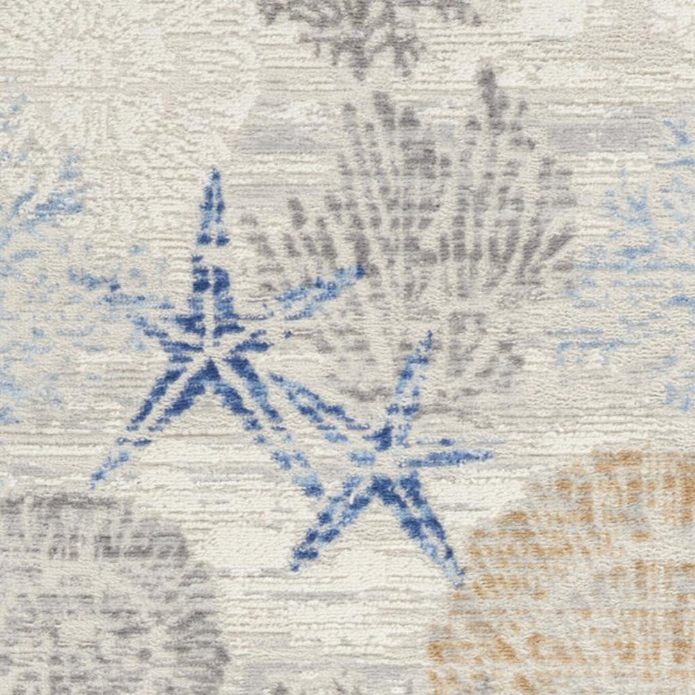 8' Ivory Blue And Gray Seashell and Coral Non Skid Runner Rug