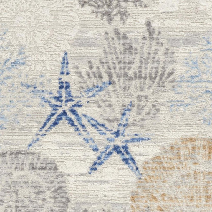 8' Ivory Blue And Gray Seashell and Coral Non Skid Runner Rug