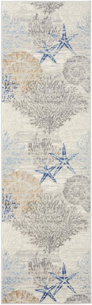8' Ivory Blue And Gray Seashell and Coral Non Skid Runner Rug
