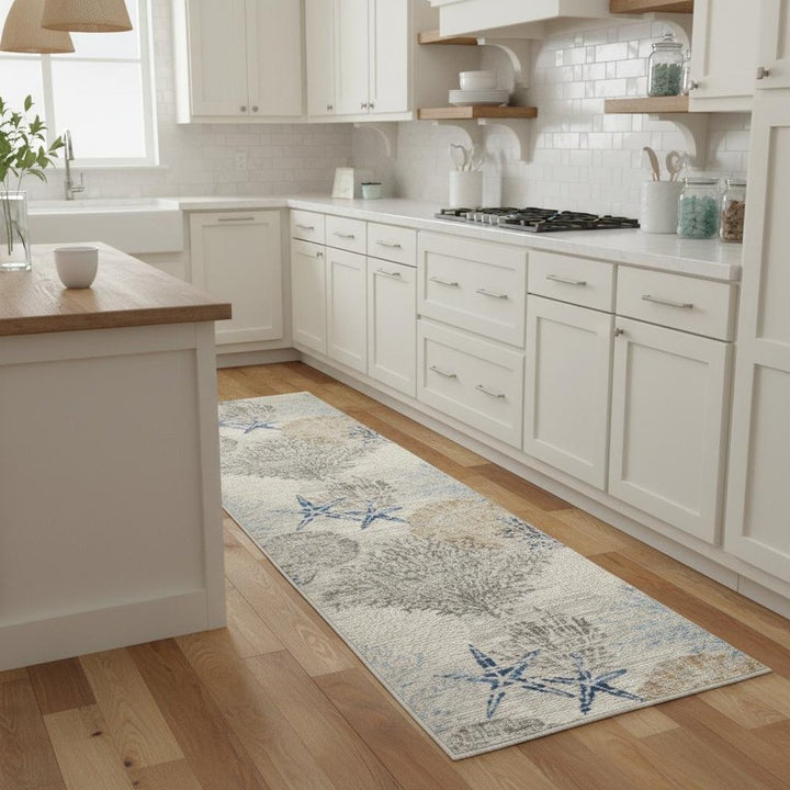 8' Ivory Blue And Gray Seashell and Coral Non Skid Runner Rug