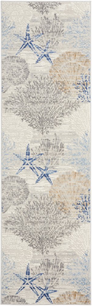 8' Ivory Blue And Gray Seashell and Coral Non Skid Runner Rug