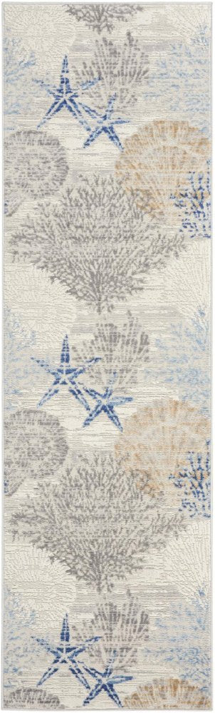 8' Ivory Blue And Gray Seashell and Coral Non Skid Runner Rug