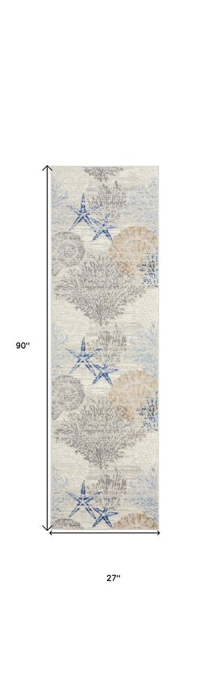 8' Ivory Blue And Gray Seashell and Coral Non Skid Runner Rug