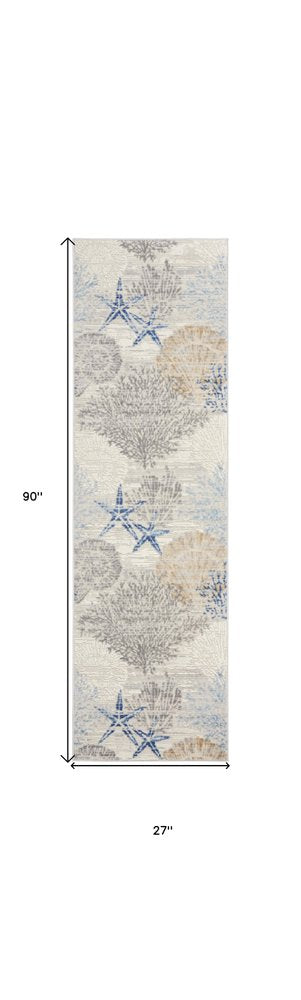 8' Ivory Blue And Gray Seashell and Coral Non Skid Runner Rug