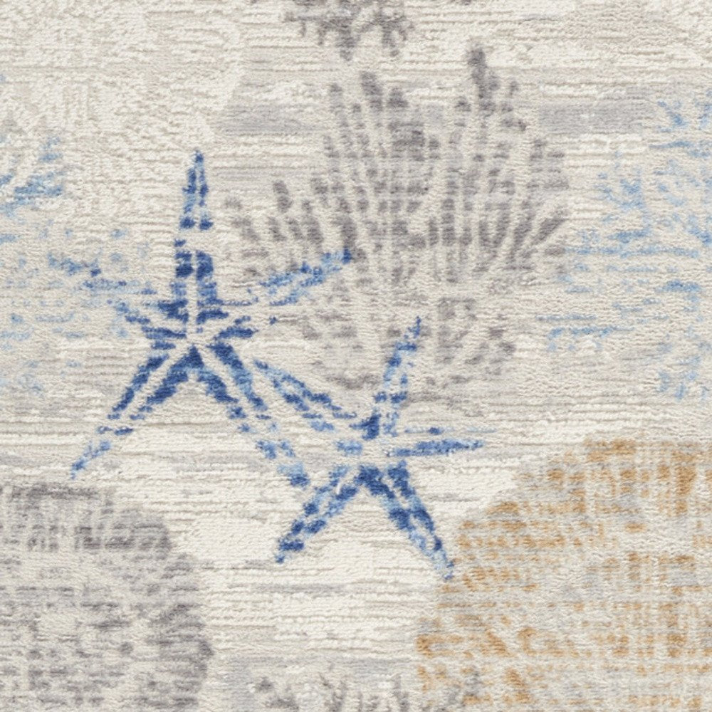 8' Ivory Blue And Gray Seashell and Coral Non Skid Runner Rug