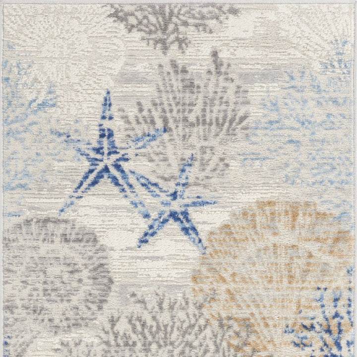 8' Ivory Blue And Gray Seashell and Coral Non Skid Runner Rug