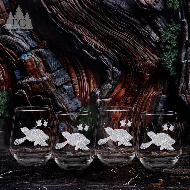 Sea Turtle Crystal Sand Carved Stemless Wine Glasses