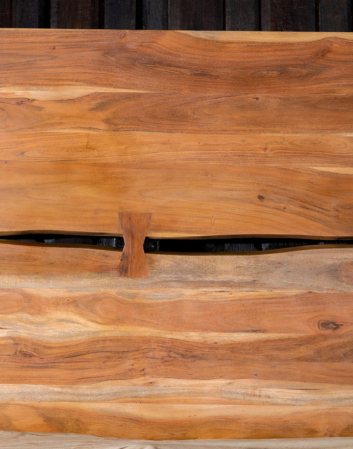 Modern Rustic Acacia Bed joinery detail with live edge - The Coastal Compass Home Decor