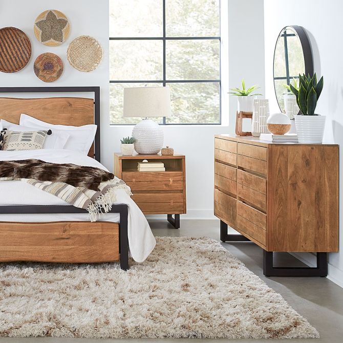 Acacia Wood Bedroom furniture set in dresser, bed and nightstand with bohemian style decor