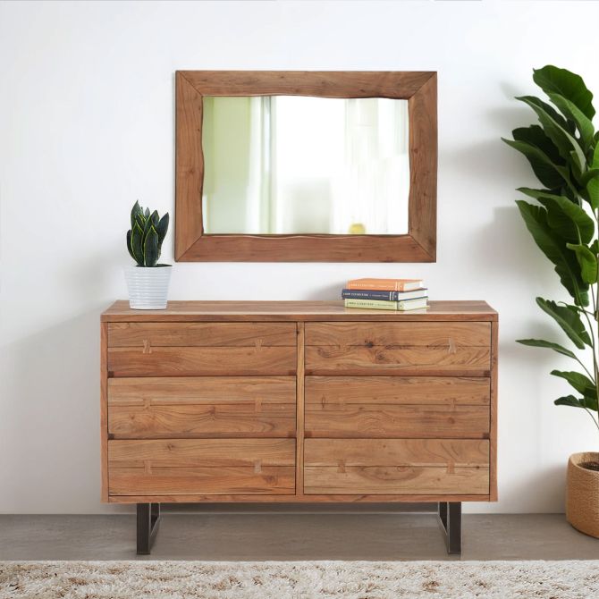 Acacia wood natural 6 drawer dresser with matching mirror and plant decor
