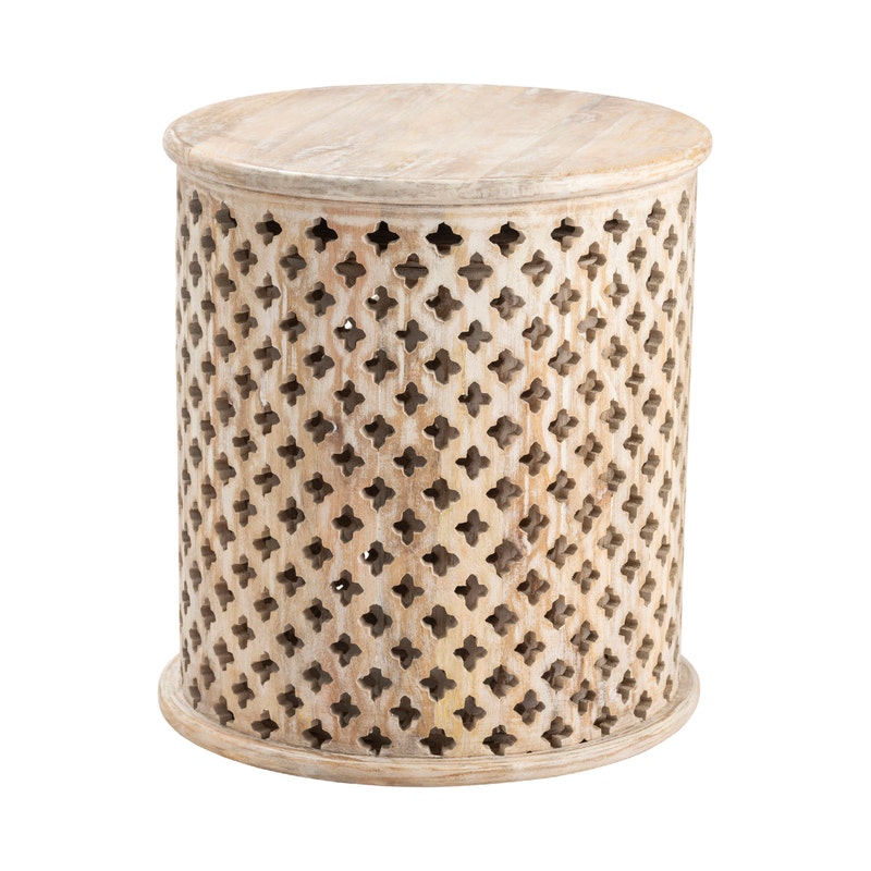 Adessi Accent Table Set - Large - Whitewash finish on mango wood - drum base with cross design - coastal compass home decor