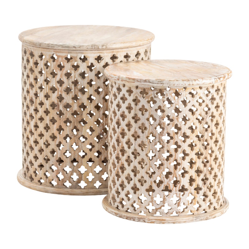 Adessi Accent Table Set - Large - Whitewash finish on mango wood - drum base with cross design - coastal compass home decor