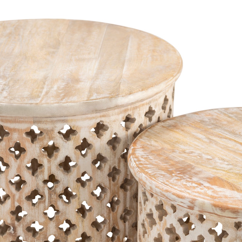 Adessi Accent Table Set - Large - Whitewash finish on mango wood - drum base with cross design - coastal compass home decor