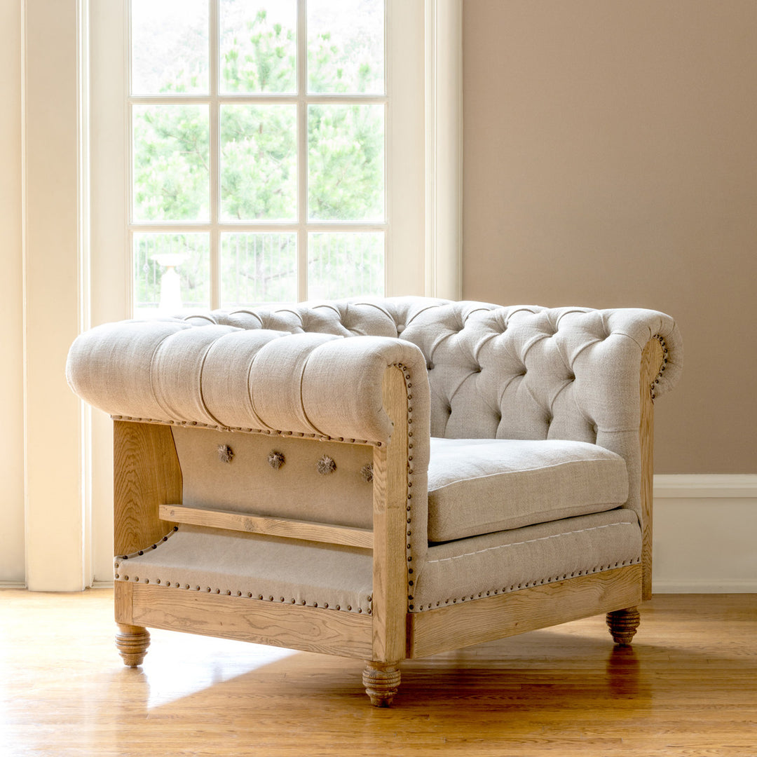 Aged Oak and beige canvas tufted accent chair - The Coastal Compass Home Decor