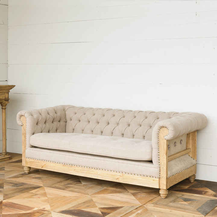 Aged Oak & Canvas Tufted Sofa