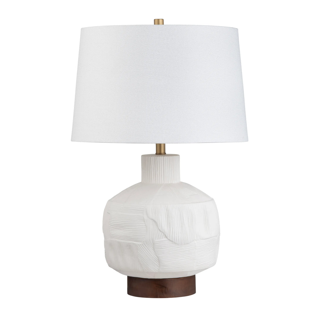 Alora Ceramic Table Lamp textured white ceramic base, walnut wood accent, gold details and white shade