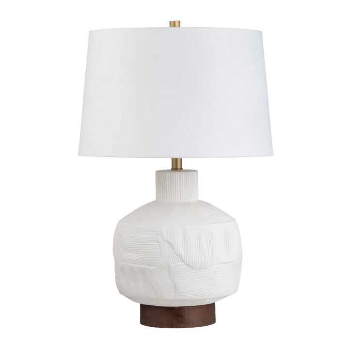 Alora Ceramic Table Lamp textured white ceramic base, walnut wood accent, gold details and white shade