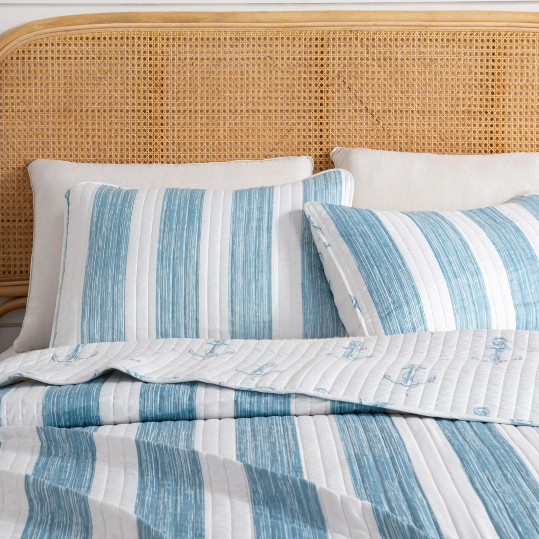 Anchor Bay Stripe Reversible Quilt Set - Large Stripe Blue & White - Blue & White anchor reverse pattern - Quilt & two shams - Coastal Compass Home Decor