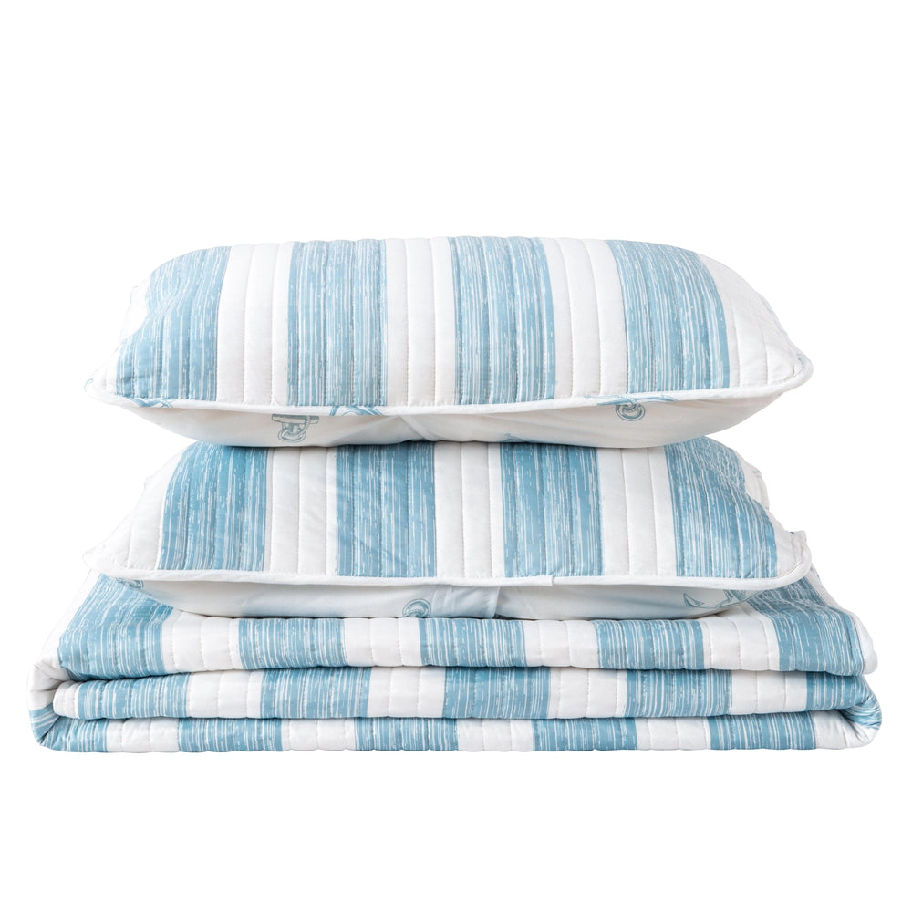 Anchor Bay Stripe Reversible Quilt Set - Large Stripe Blue & White - Blue & White anchor reverse pattern - Quilt & two shams - Coastal Compass Home Decor