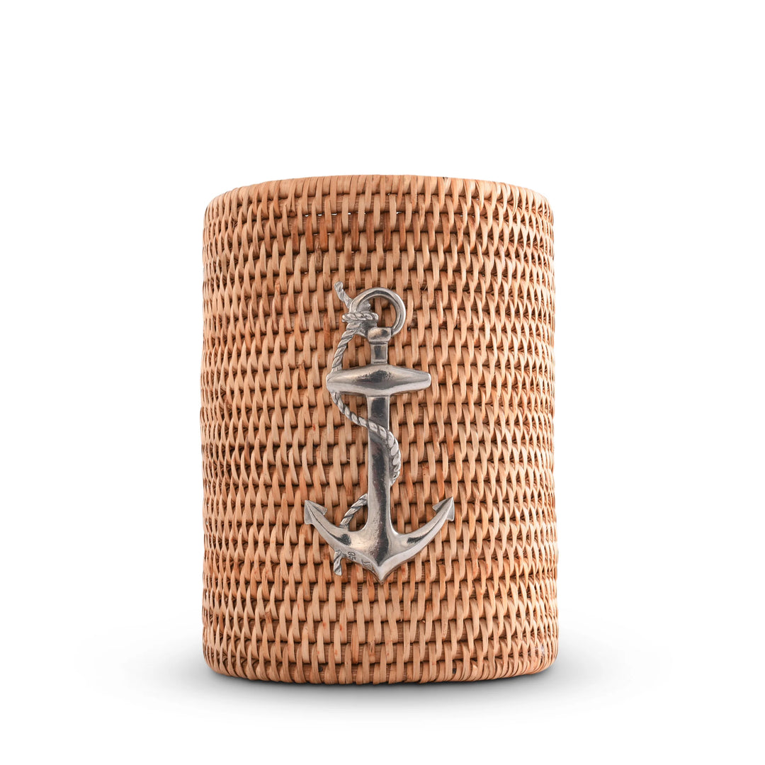 Hand Woven Rattan Anchor Utensil Holder - Rattan - Pewter Anchor - Coastal Compass Home Decor