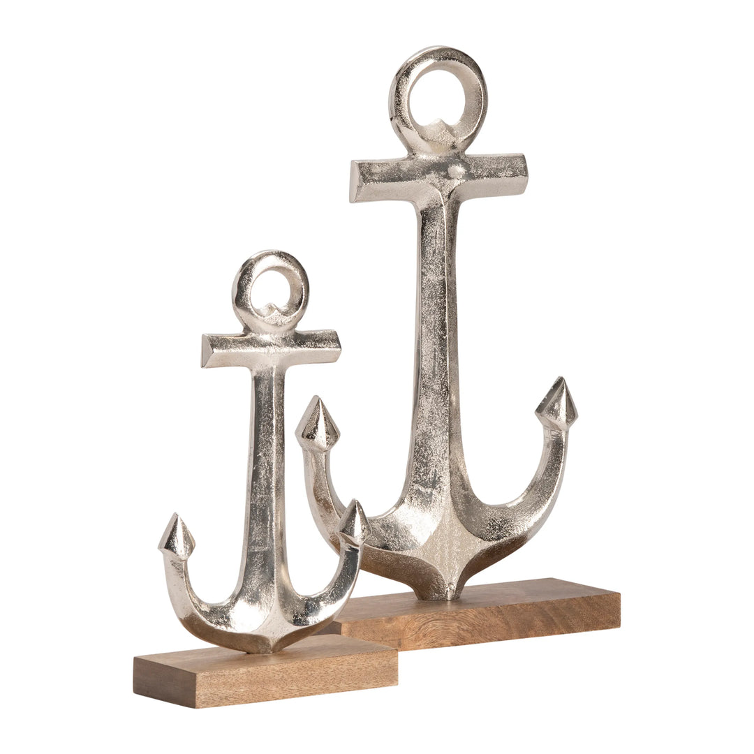 Anchor Statues Set - Set of 2 - Silver finish - Wood Base - Coastal Compass Home Decor