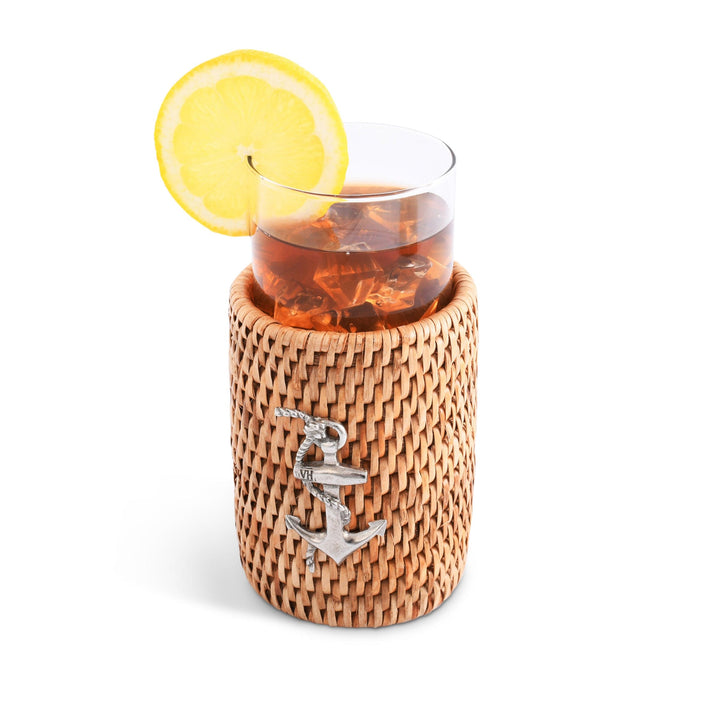 Anchor Drinking Glasses w Rattan Cover - Drinking Glasses - Rattan sleeves w anchor emblem - Coastal Compass Home Decor