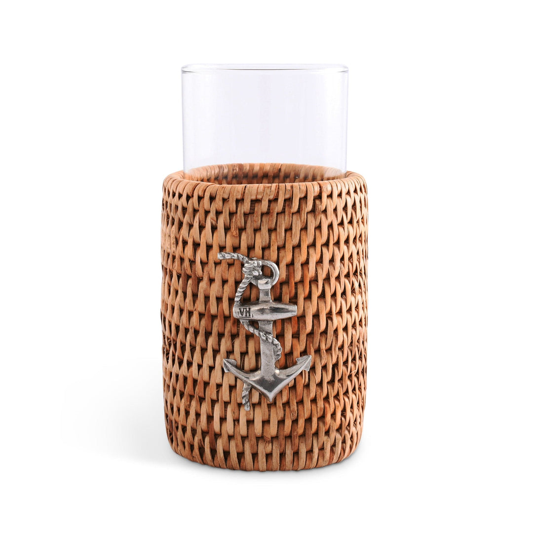 Anchor Drinking Glasses w Rattan Cover - Drinking Glasses - Rattan sleeves w anchor emblem - Coastal Compass Home Decor