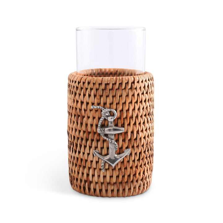 Anchor Drinking Glasses w Rattan Cover - Drinking Glasses - Rattan sleeves w anchor emblem - Coastal Compass Home Decor