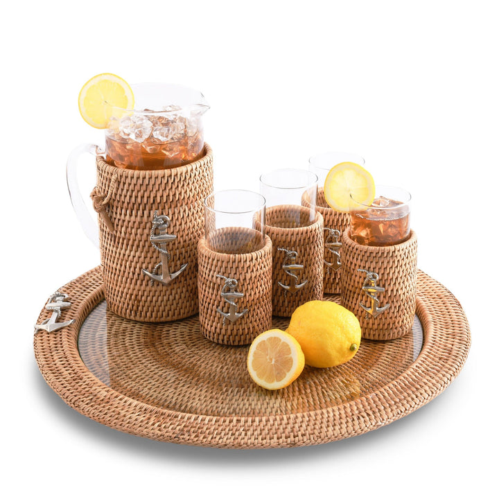 Anchor Drinking Glasses w Rattan Cover - Drinking Glasses - Rattan sleeves w anchor emblem - Coastal Compass Home Decor