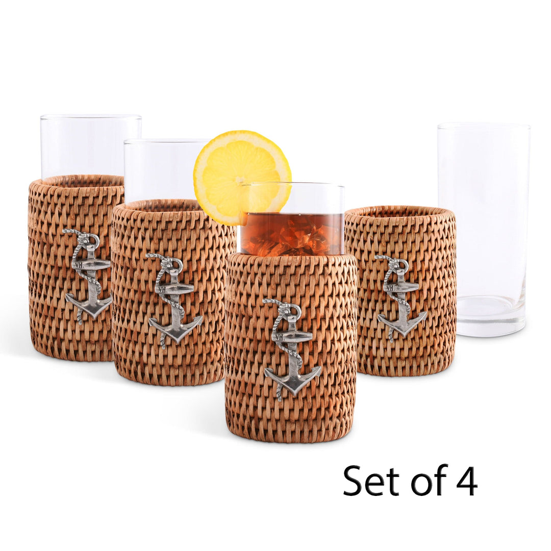 Anchor Drinking Glasses w Rattan Cover - Drinking Glasses - Rattan sleeves w anchor emblem - Coastal Compass Home Decor