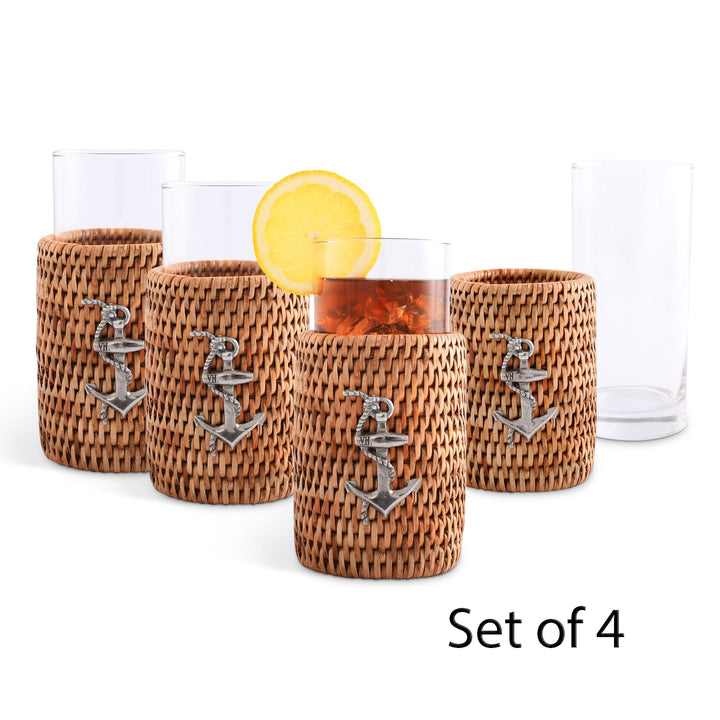 Anchor Drinking Glasses w Rattan Cover - Drinking Glasses - Rattan sleeves w anchor emblem - Coastal Compass Home Decor